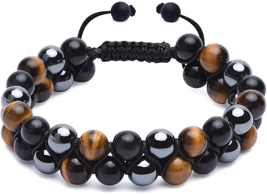 Triple Protection Bracelet – Genuine Tiger’s Eye, Black Obsidian & Hematite 8mm Beads – Crystal Bracelet for Men & Women – Healing Jewelry for Protection, Luck & Prosperity – Gift for Him & Her