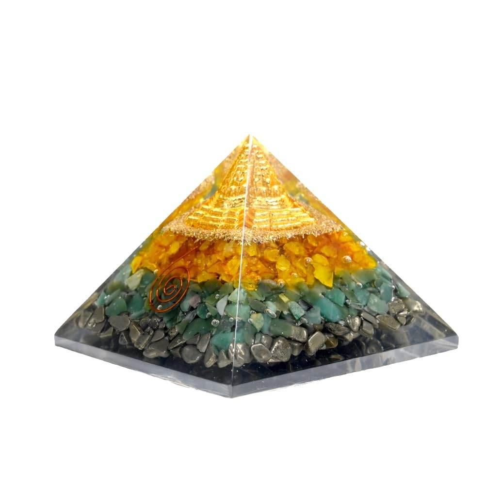 HEALING ZONE Money Magnet Pyrite Pyramid with Sri Yantra | Citrine, Green Aventurine & Pyrite for Wealth, Prosperity & Abundance | Vastu Pyramid for Home, Office, Meditation & Reiki Healing - HEALING ZONE