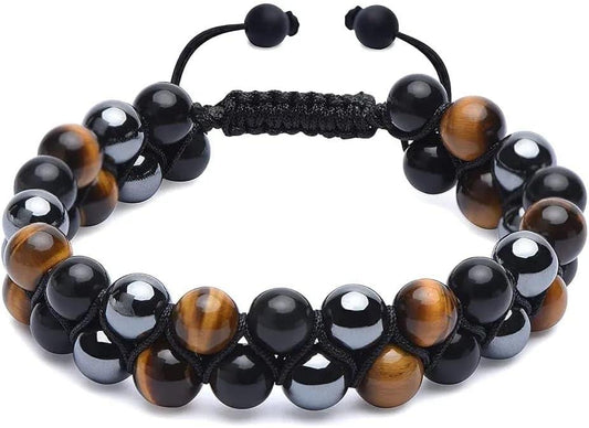 Triple Protection Bracelet – Genuine Tiger’s Eye, Black Obsidian & Hematite 8mm Beads – Crystal Bracelet for Men & Women – Healing Jewelry for Protection, Luck & Prosperity – Gift for Him & Her