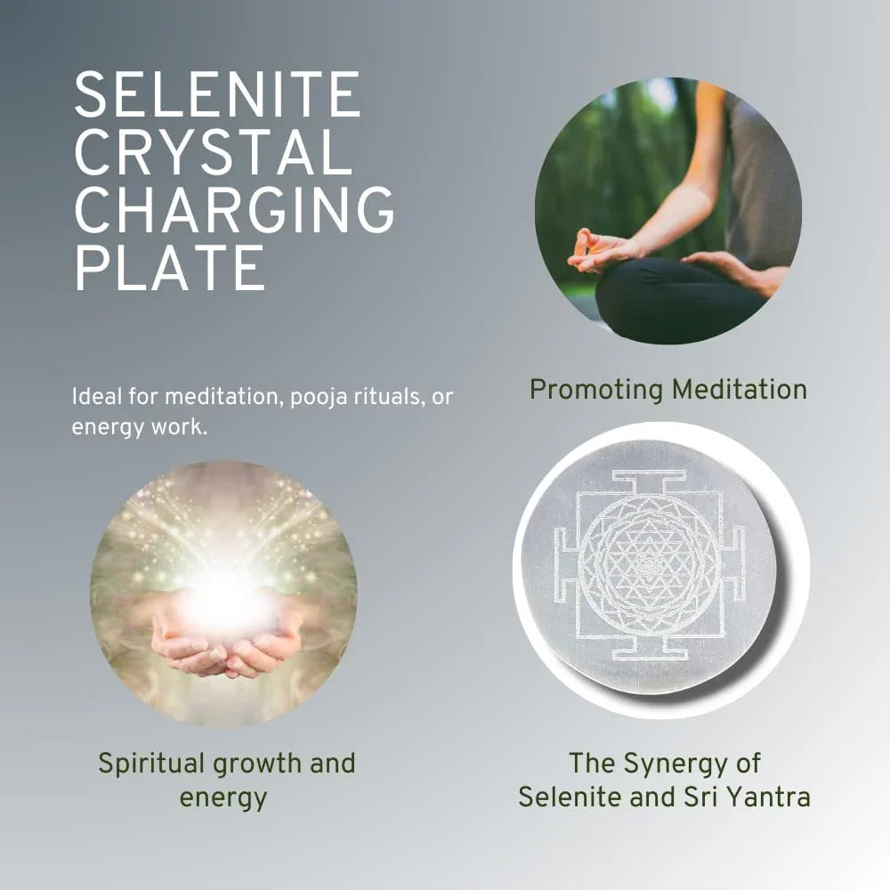 HEALING ZONE Selenite Crystal Charging Plate, 3 Inch Engraved Sri Yantra Selenite Plate for Crystal Cleansing Re-Energy Work, Meditation and Pooja