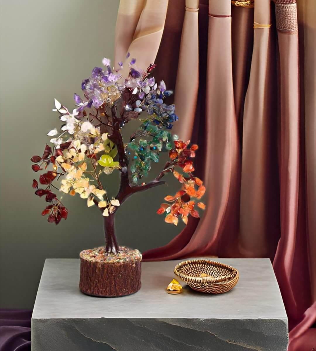 HEALING ZONE 7 Chakra Crystal Tree with Free Protection Bracelet | Natural Healing Crystals for Positive Energy, Spiritual Growth & Protection | Handmade Feng Shui Bonsai Tree for Home Décor & Gifting - HEALING ZONE