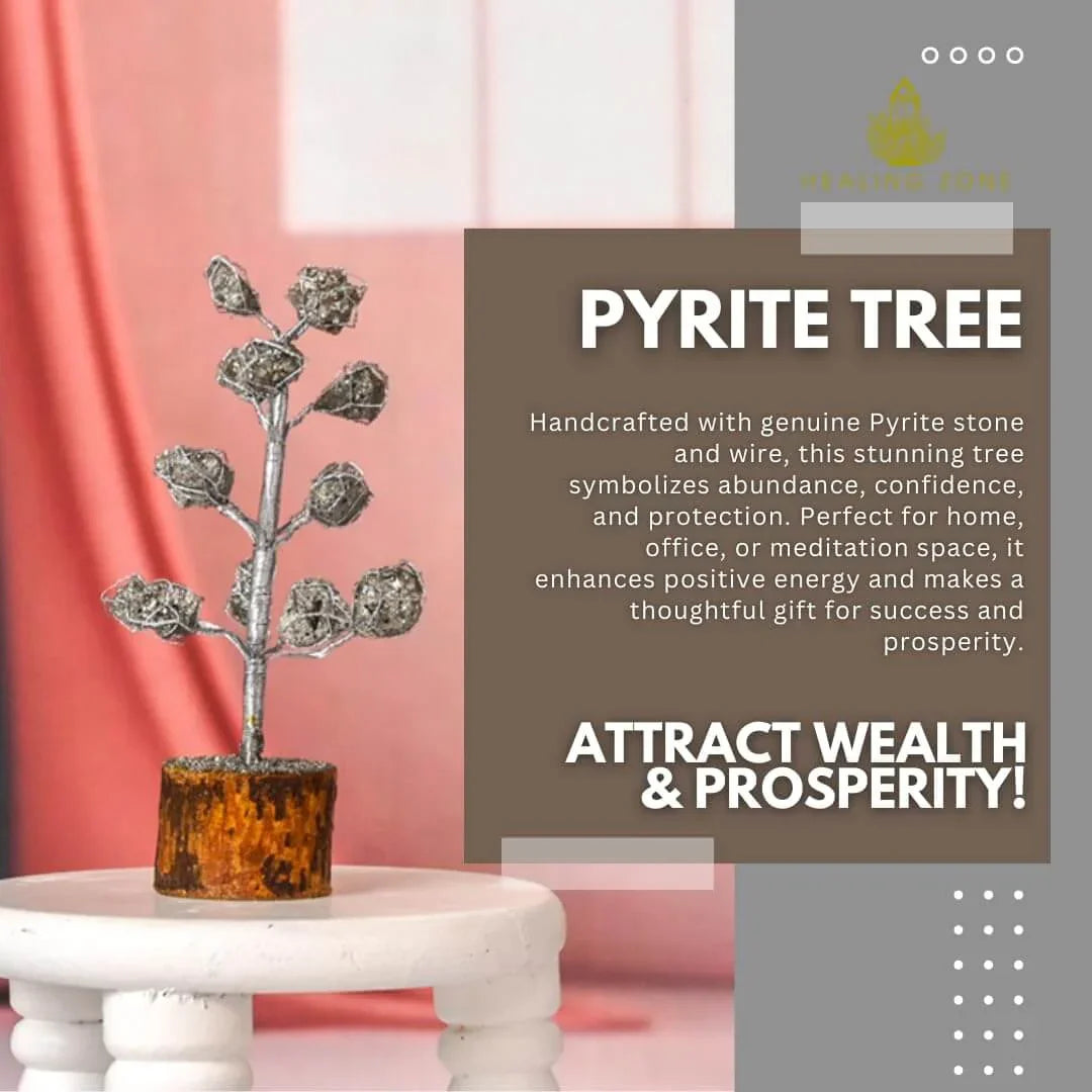 HEALING ZONE Pyrite Crystal Tree for Money - Pyrite Stone Original Tree for Home, Office, Wealth, Confidence, Vastu Correction, Positive Energy, Reiki Healing and Good Luck - 11 Beads