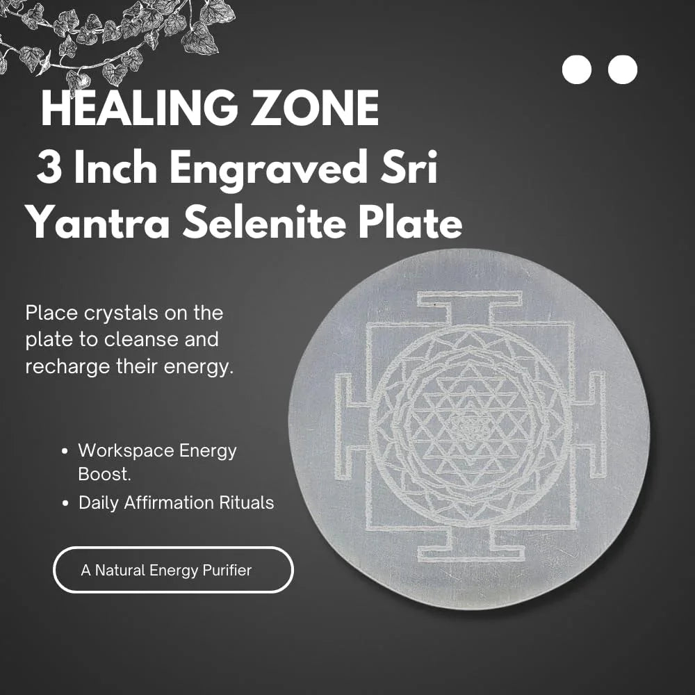 HEALING ZONE Selenite Crystal Charging Plate, 3 Inch Engraved Sri Yantra Selenite Plate for Crystal Cleansing Re-Energy Work, Meditation and Pooja