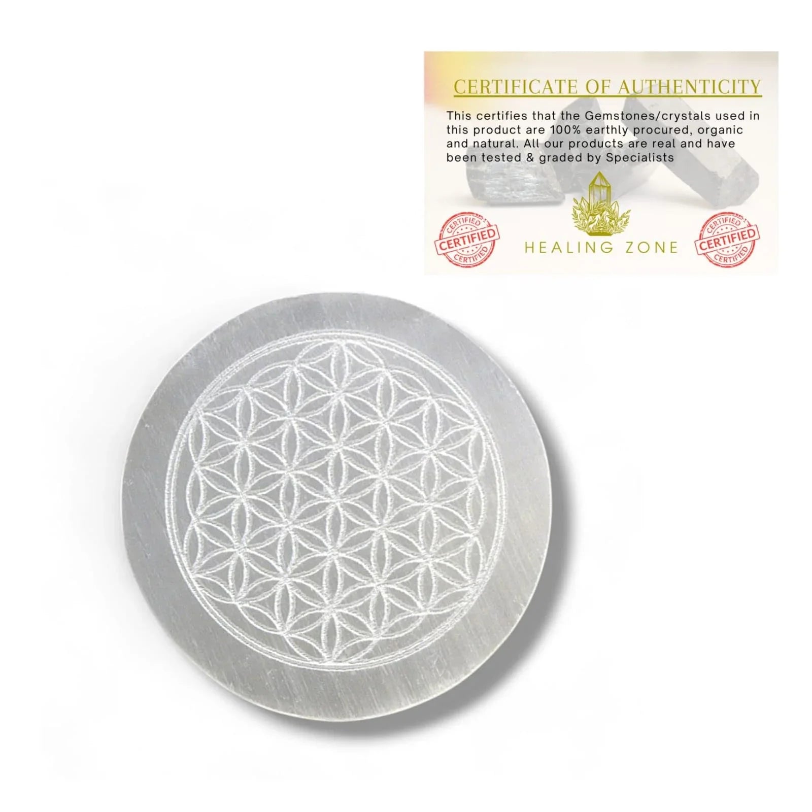 HEALING ZONE Selenite Crystal Charging Plate, 3 Inch Engraved Sri Yantra Selenite Plate for Crystal Cleansing Re-Energy Work, Meditation and Pooja Flower Of Life