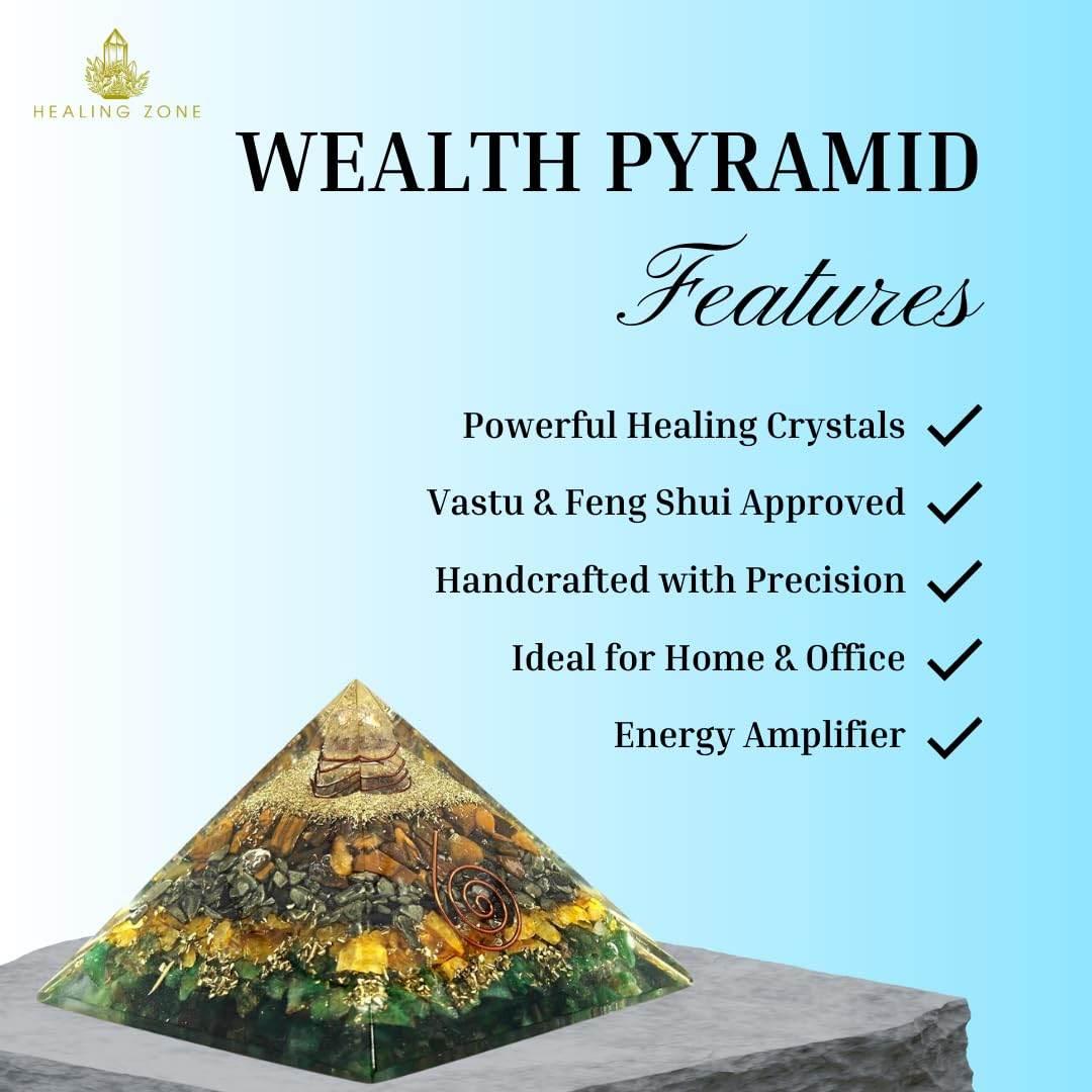 HEALING ZONE Original Crystal Money Magnet Pyramid with Tiger Eye, Pyrite, Green Aventurine & Citrine | Vastu Wealth Enhancer for Good Luck, Prosperity & Money Attraction - HEALING ZONE