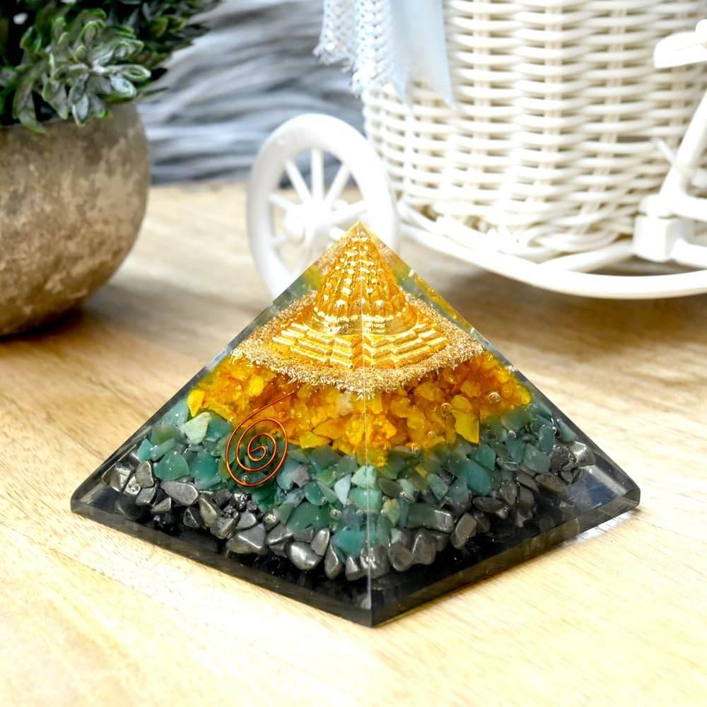 HEALING ZONE Money Magnet Pyrite Pyramid with Sri Yantra | Citrine, Green Aventurine & Pyrite for Wealth, Prosperity & Abundance | Vastu Pyramid for Home, Office, Meditation & Reiki Healing - HEALING ZONE
