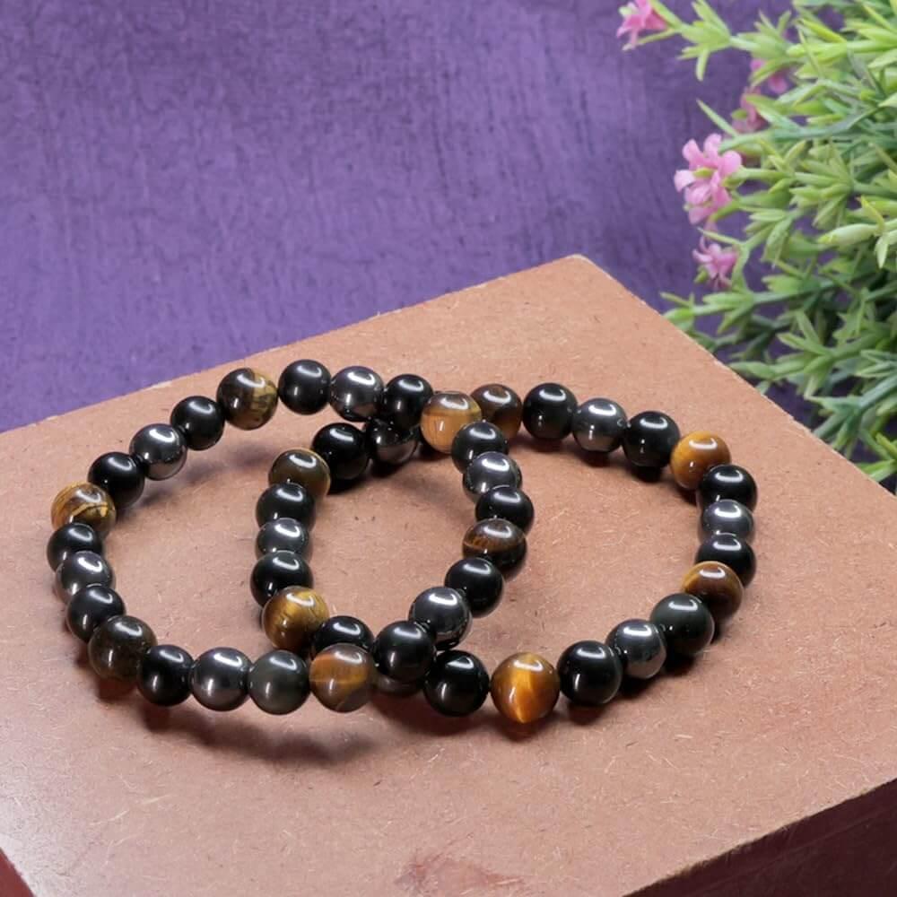 HEALING ZONE Original Triple Protection Bracelet Certified for Men and Women - Natural Energised Tiger Eye Stone, Black Obsidian, Hematite Stone for Power, Protection, Good Luck - 8MM Beads - HEALING ZONE