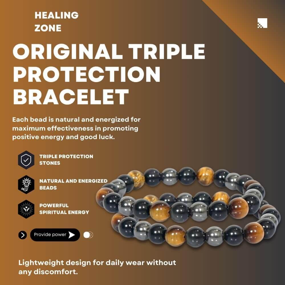HEALING ZONE Original Triple Protection Bracelet Certified for Men and Women - Natural Energised Tiger Eye Stone, Black Obsidian, Hematite Stone for Power, Protection, Good Luck - 8MM Beads - HEALING ZONE