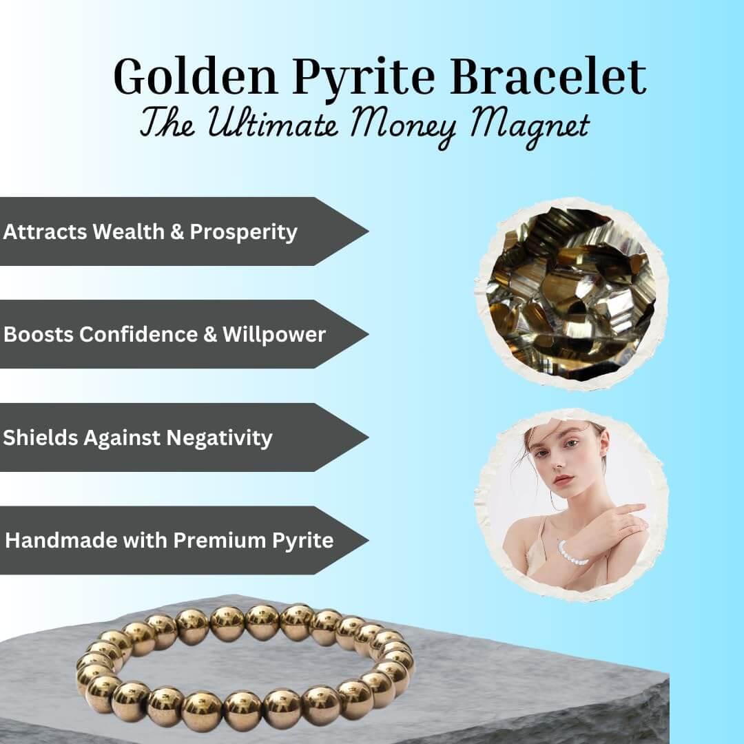 HEALING ZONE Pyrite Bracelet for Women and Men - Golden Pyrite Stone Original Money Magnet Bracelet - Attracts Money, Fame & Good Luck with Crystal Bracelet