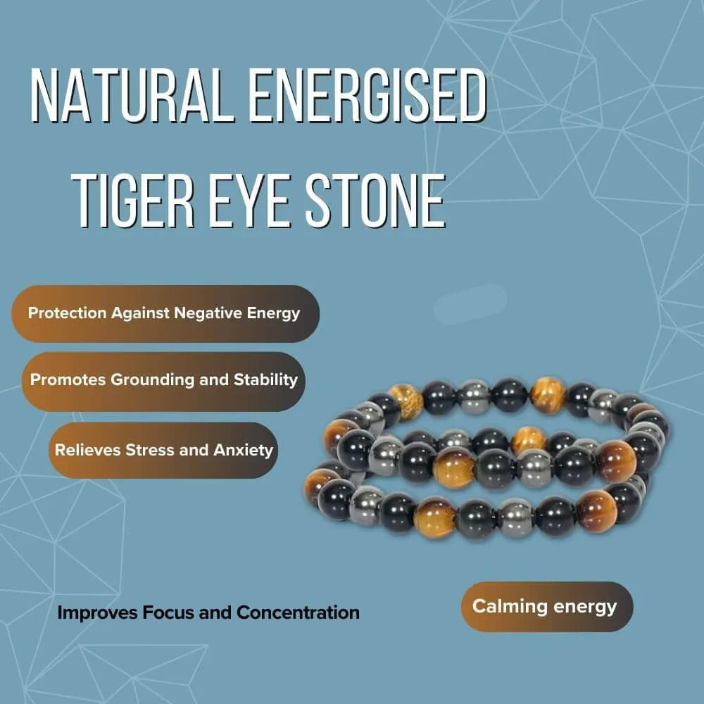 HEALING ZONE Original Triple Protection Bracelet Certified for Men and Women - Natural Energised Tiger Eye Stone, Black Obsidian, Hematite Stone for Power, Protection, Good Luck - 8MM Beads - HEALING ZONE