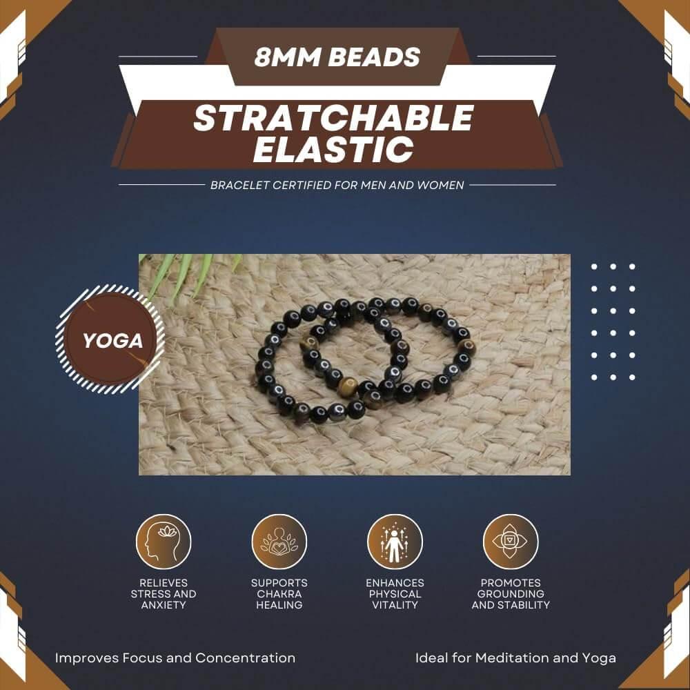 HEALING ZONE Original Triple Protection Bracelet Certified for Men and Women - Natural Energised Tiger Eye Stone, Black Obsidian, Hematite Stone for Power, Protection, Good Luck - 8MM Beads - HEALING ZONE