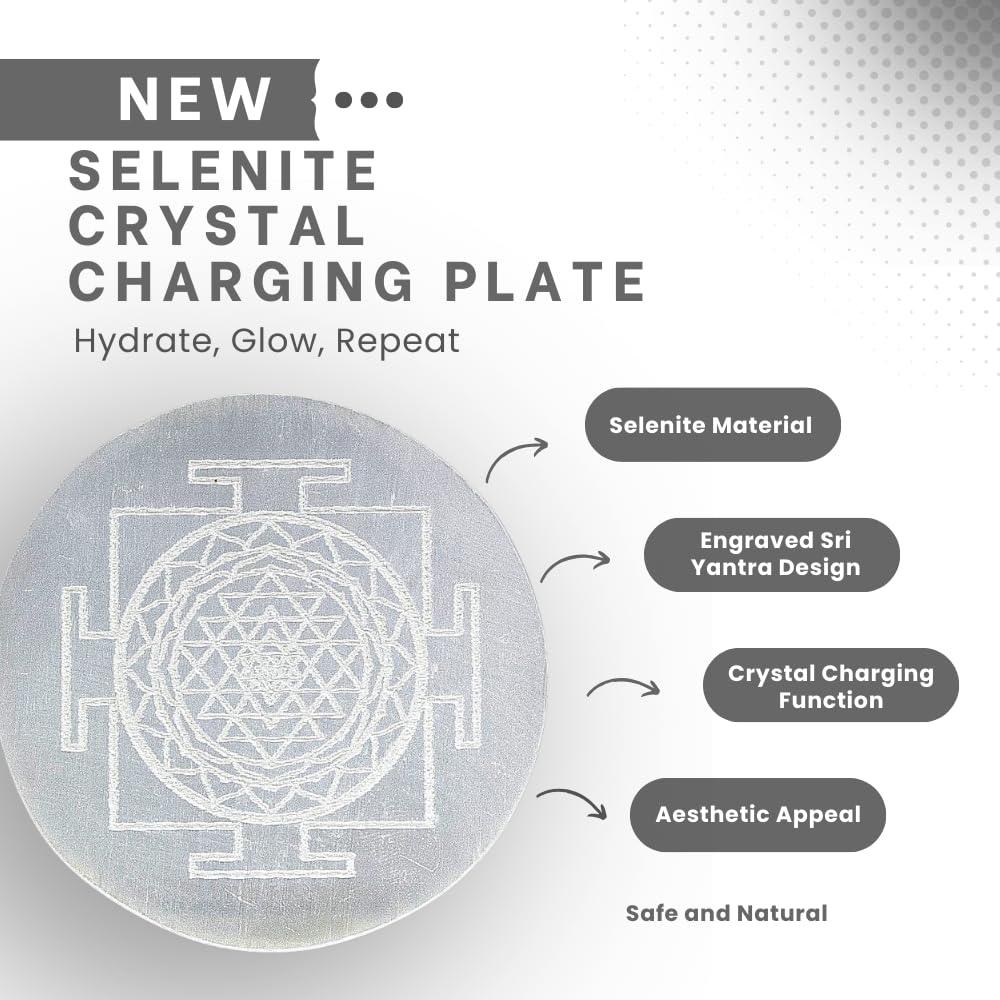 HEALING ZONE Selenite Crystal Charging Plate, 3 Inch Engraved Sri Yantra Selenite Plate for Crystal Cleansing Re-Energy Work, Meditation and Pooja