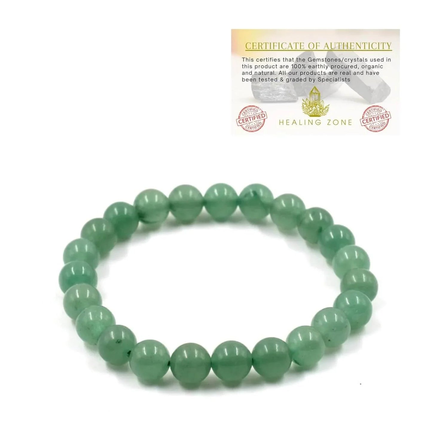 HEALING ZONE Green Aventurine Bracelet Certified - Original Green Crystal Bracelet for Men and Women for Money, Prosperity, Abundance, Good Luck, Happiness, and Heart Chakra Healing - 8mm Beads - HEALING ZONE
