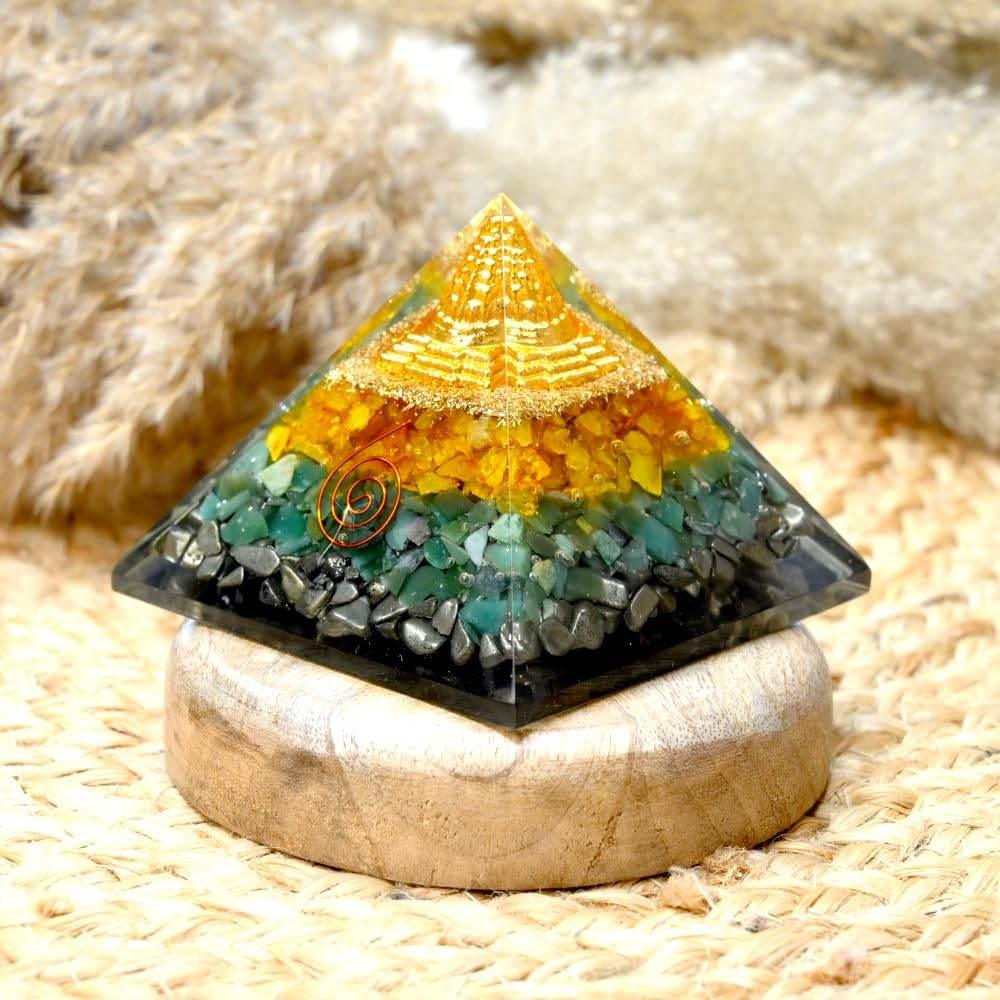 HEALING ZONE Money Magnet Pyrite Pyramid with Sri Yantra | Citrine, Green Aventurine & Pyrite for Wealth, Prosperity & Abundance | Vastu Pyramid for Home, Office, Meditation & Reiki Healing - HEALING ZONE
