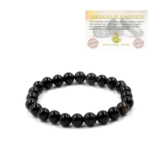 Black Tourmaline Stone Bracelet for Men & Women | Reiki Crystal Healing Bracelet | Protects Against Negative Energy | 8mm Beads | Unisex Stretchable Design - HEALING ZONE