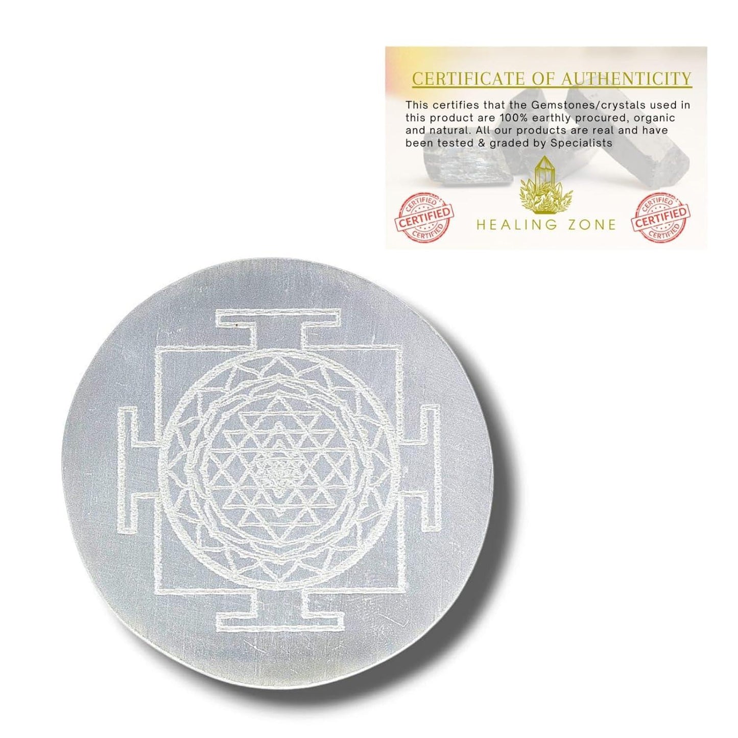 HEALING ZONE Selenite Crystal Charging Plate, 3 Inch Engraved Sri Yantra Selenite Plate for Crystal Cleansing Re-Energy Work, Meditation and Pooja