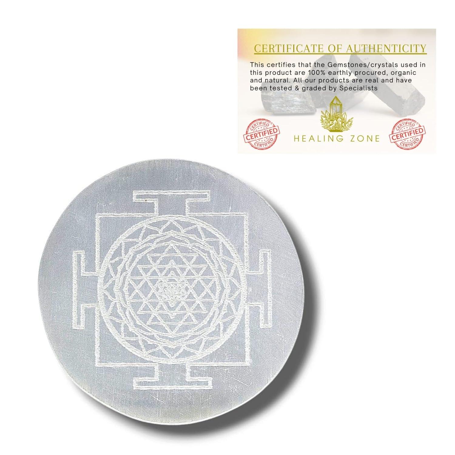 HEALING ZONE Selenite Crystal Charging Plate, 3 Inch Engraved Sri Yantra Selenite Plate for Crystal Cleansing Re-Energy Work, Meditation and Pooja Sri Yantra