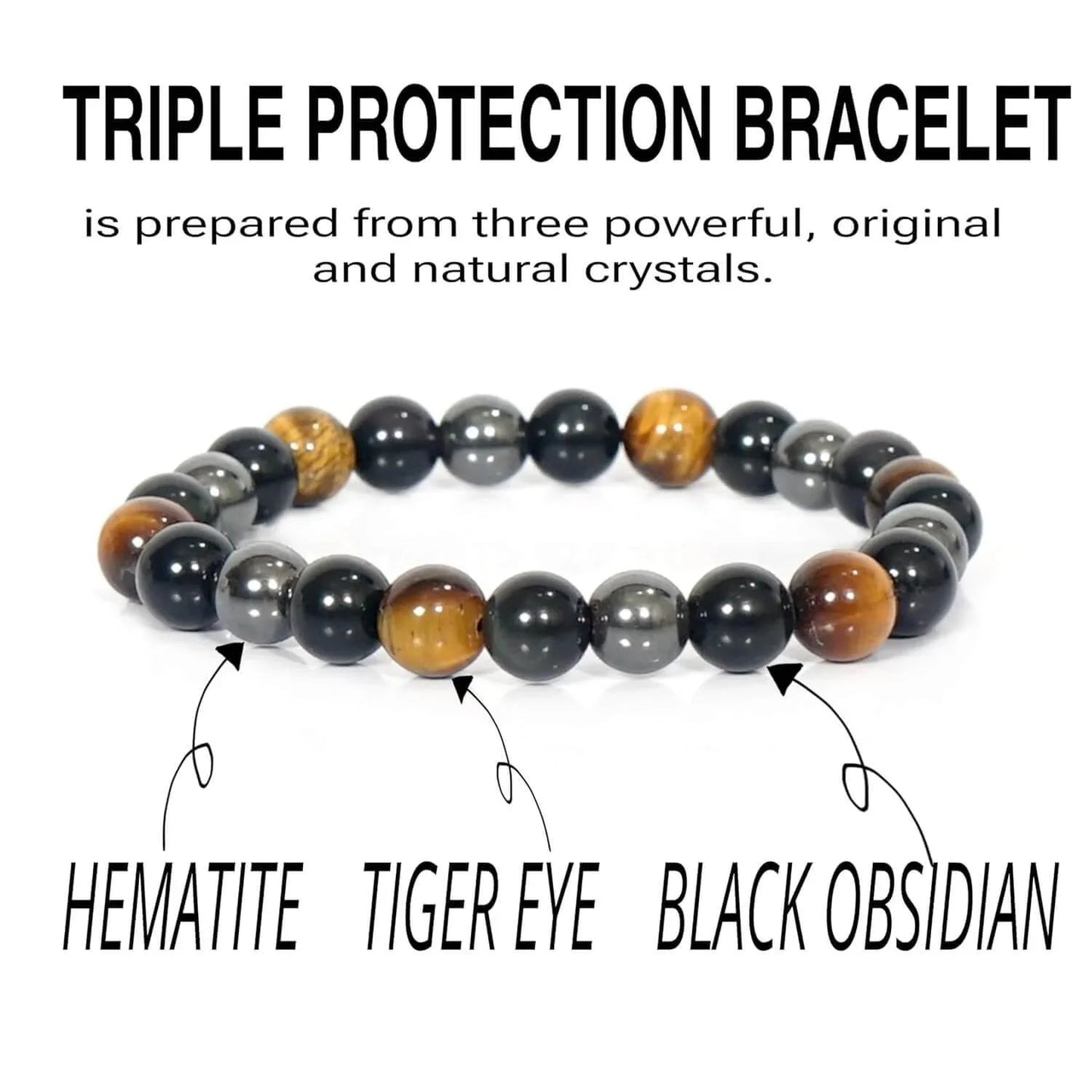 HEALING ZONE Original Triple Protection Bracelet Certified for Men and Women - Natural Energised Tiger Eye Stone, Black Obsidian, Hematite Stone for Power, Protection, Good Luck - 8MM Beads - HEALING ZONE