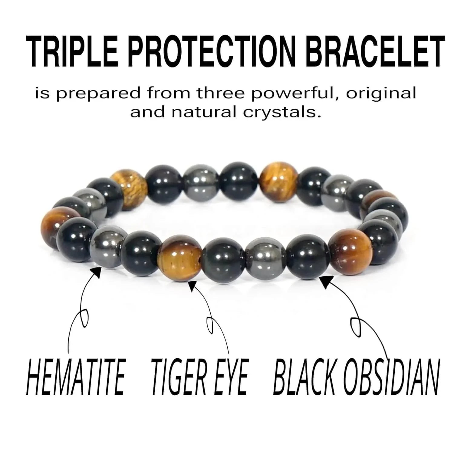 HEALING ZONE Original Triple Protection Bracelet Certified for Men and Women - Natural Energised Tiger Eye Stone, Black Obsidian, Hematite Stone for Power, Protection, Good Luck - 8MM Beads - HEALING ZONE