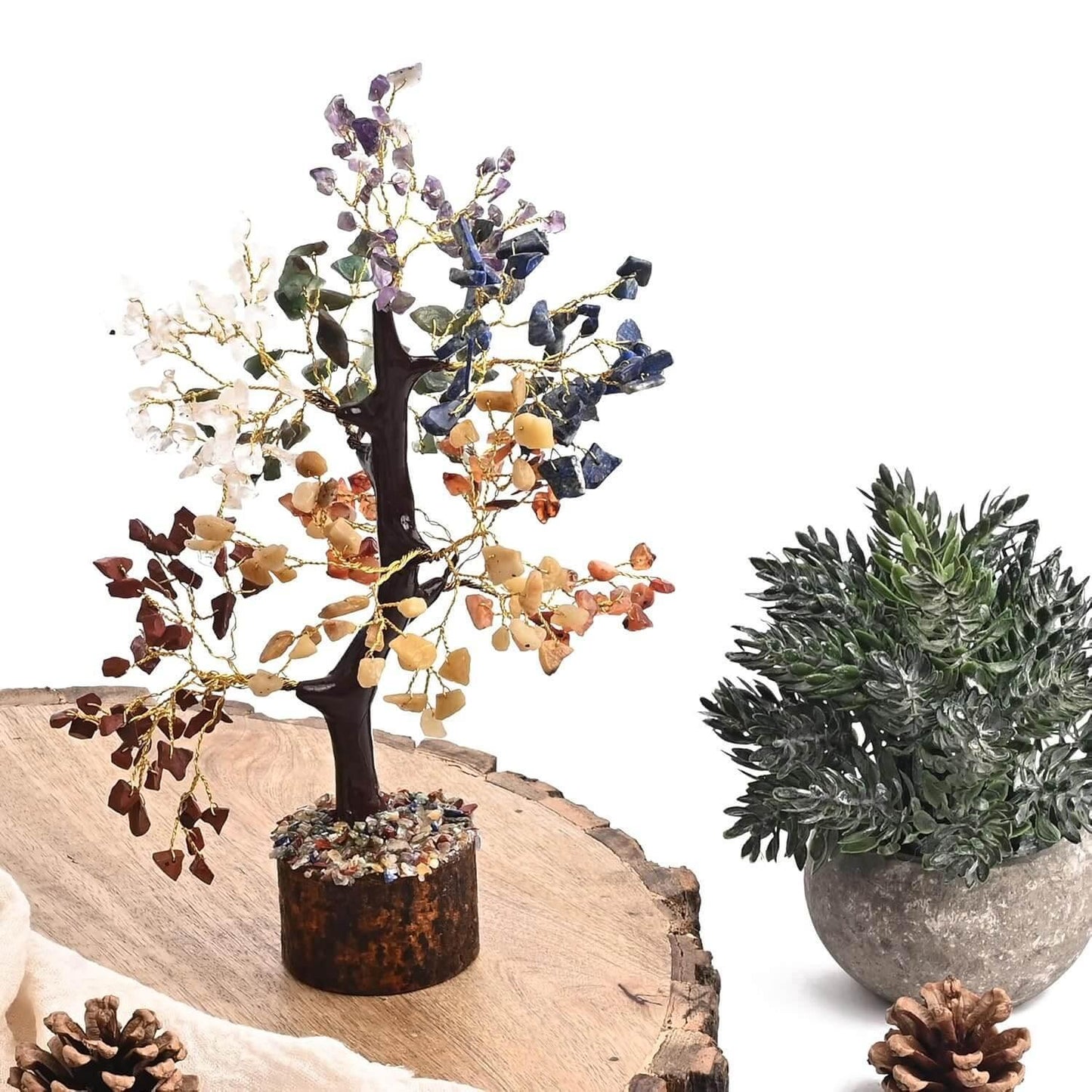 HEALING ZONE 7 Chakra Crystal Tree with Free Protection Bracelet | Natural Healing Crystals for Positive Energy, Spiritual Growth & Protection | Handmade Feng Shui Bonsai Tree for Home Décor & Gifting - HEALING ZONE