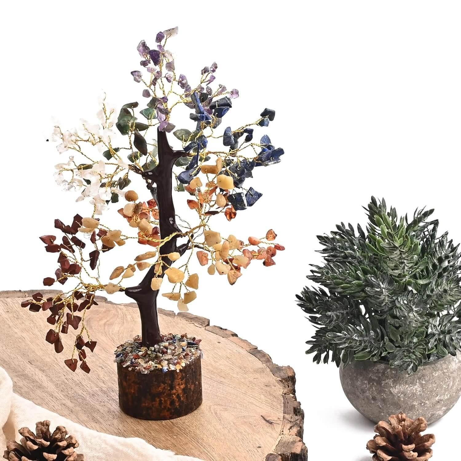 HEALING ZONE 7 Chakra Crystal Tree with Free Protection Bracelet | Natural Healing Crystals for Positive Energy, Spiritual Growth & Protection | Handmade Feng Shui Bonsai Tree for Home Décor & Gifting - HEALING ZONE