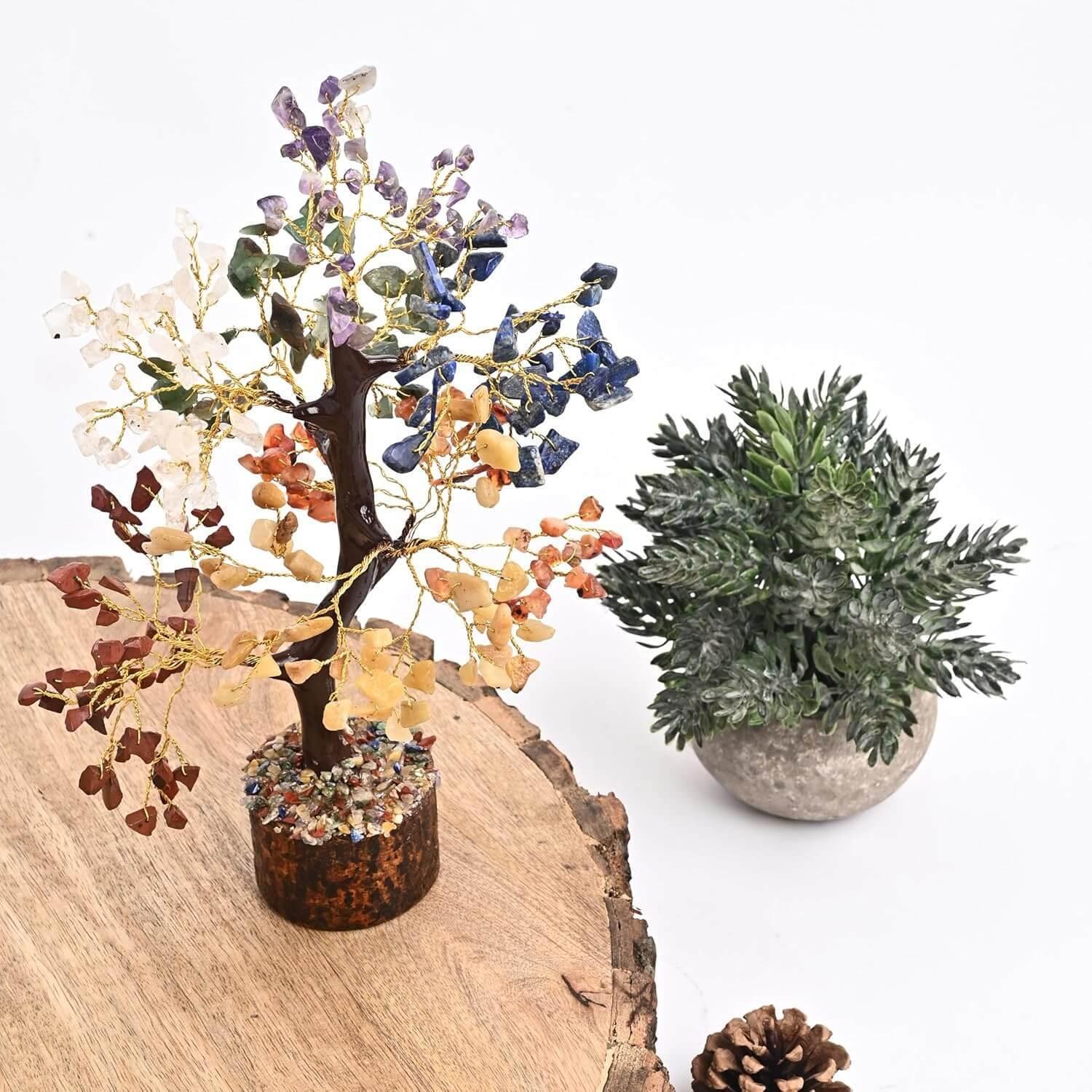 HEALING ZONE 7 Chakra Crystal Tree with Free Protection Bracelet | Natural Healing Crystals for Positive Energy, Spiritual Growth & Protection | Handmade Feng Shui Bonsai Tree for Home Décor & Gifting - HEALING ZONE